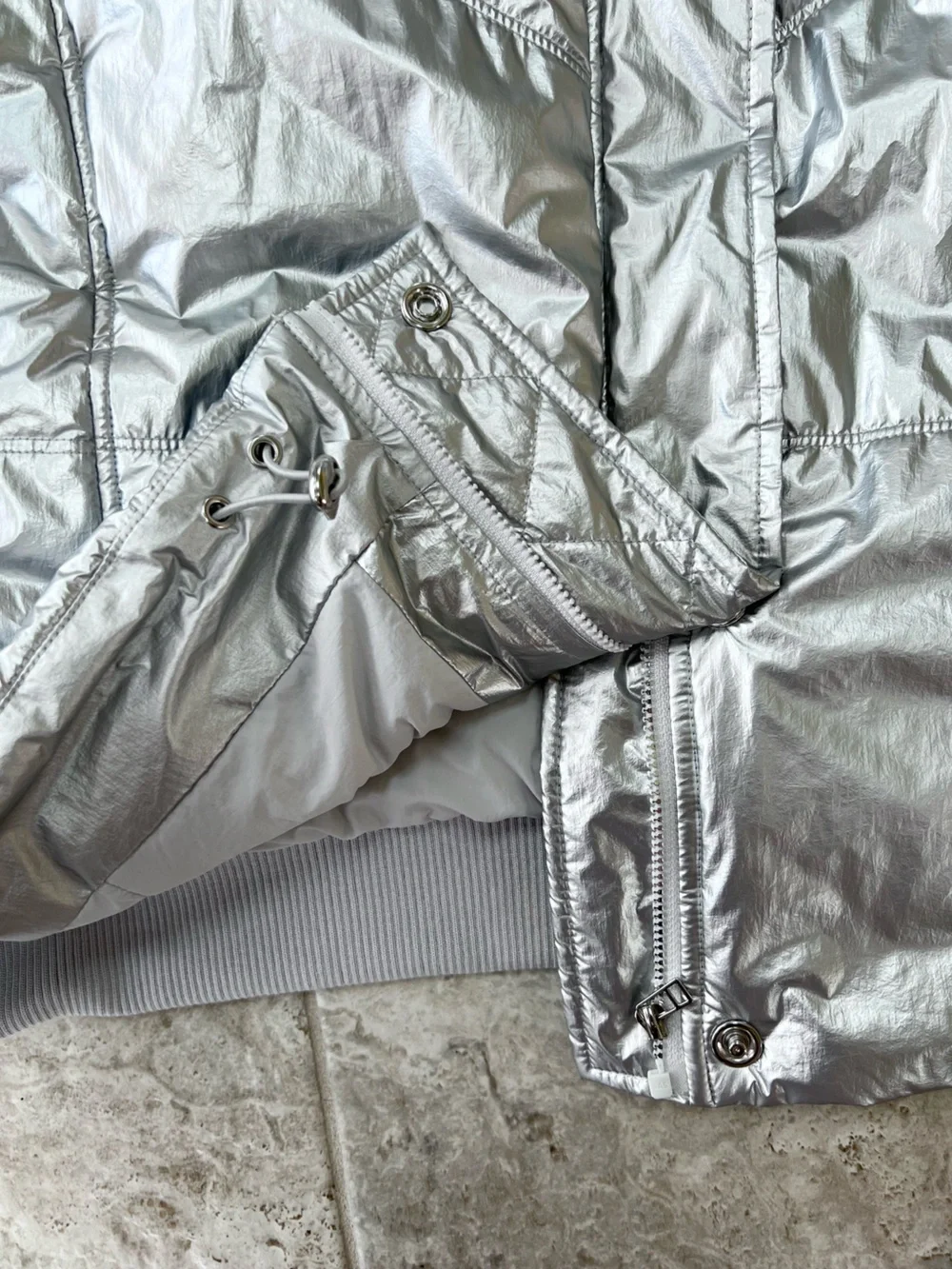 Daily Practice Anthropologie NWT Metallic Silver Hooded Puffer Vest Pockets, S
